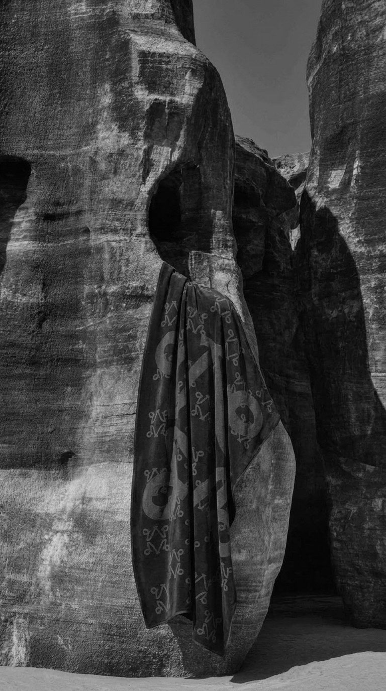 Figure wrapped in a VELVET towel beside red rock