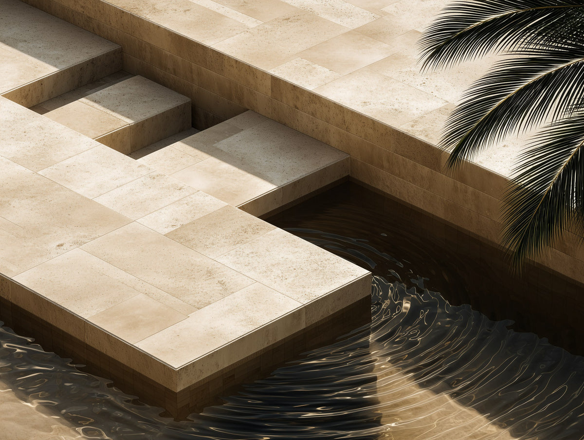 Travertine pool steps beside a palm